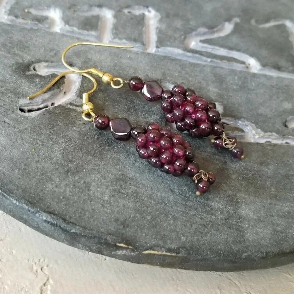 Handcrafted India Raw Brass and Garnet Gemstone Bead Clusters 54mm Long Earrings